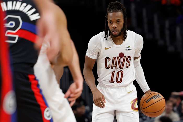Mar 1, 2024; Detroit, Michigan, USA; Cleveland Cavaliers guard Darius Garland (10) dribbles in the second half against the Detroit Pistons at Little Caesars Arena. Mandatory Credit: Rick Osentoski-USA TODAY Sports